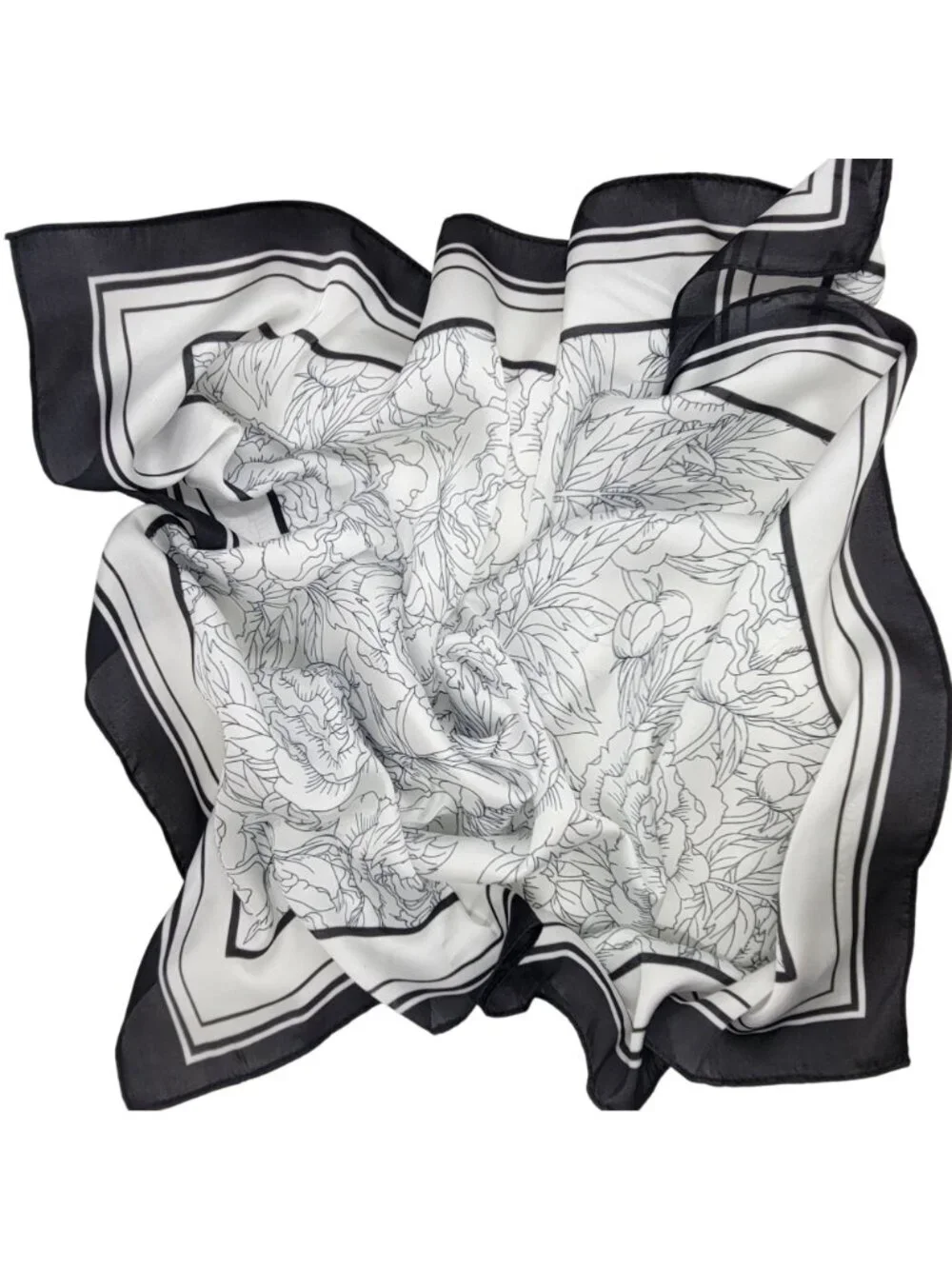 ✨Luxury Silky Feel Square Scarf Black & White Lily Floral Pattern Head Neck Wrap